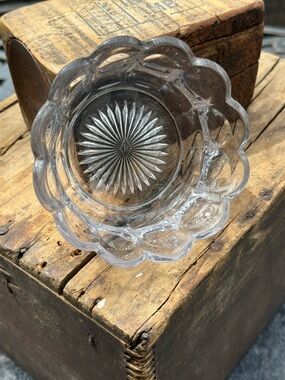 Vintage Pressed Glass Dish Scalloped Starburst H Mark Trinket Bowl